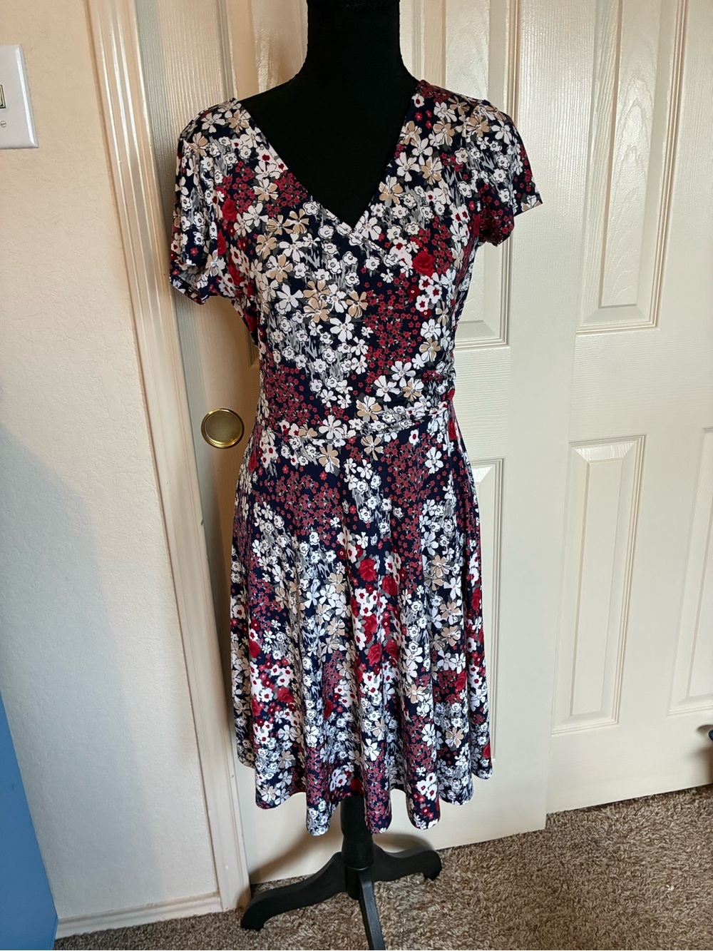 Kaileigh Navy Floral Wrap Midi Dress with Red and White Accents